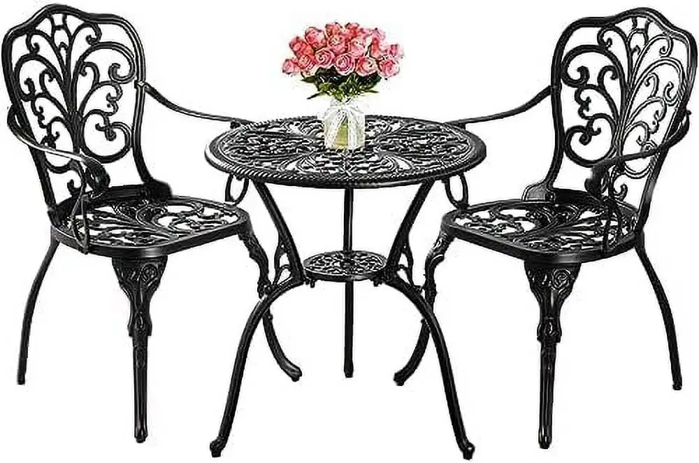 ZWGHLI Patio 3 Piece Outdoor Cast Aluminum Bistro Table and Chairs with Umbrella Hole Rust-Resistant Garden Table and Chairs Bronze