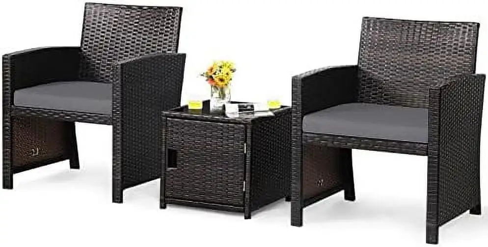 ZWNLKQG 3 Piece Outdoor PE Wicker Patio Conversation Set with Side Table with Door Soft Cushions and Protective Cover Outdoor Sofa and Table Set