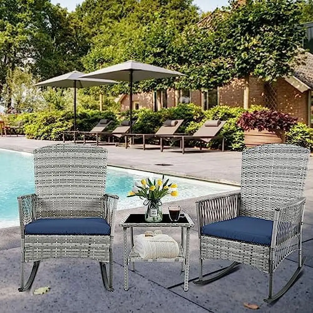 ZWNLKQG 3 Piece Patio Conversation Set Outdoor Rocking Chairs Wicker Set with Glass Top Coffee Table and Cushions for Porch Garden Backyard Lawn (Grey Rattan Blue Cushion)