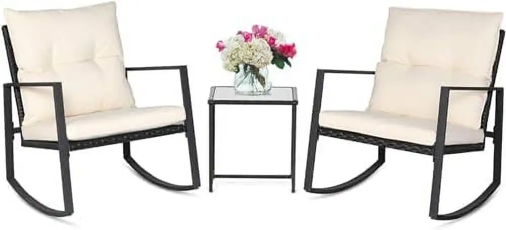 ZWNLKQG 3-Piece Patio Outdoor Rocking Chairs Set Black Wicker Porch Chairs with Glass Coffee Table Beige Cushion