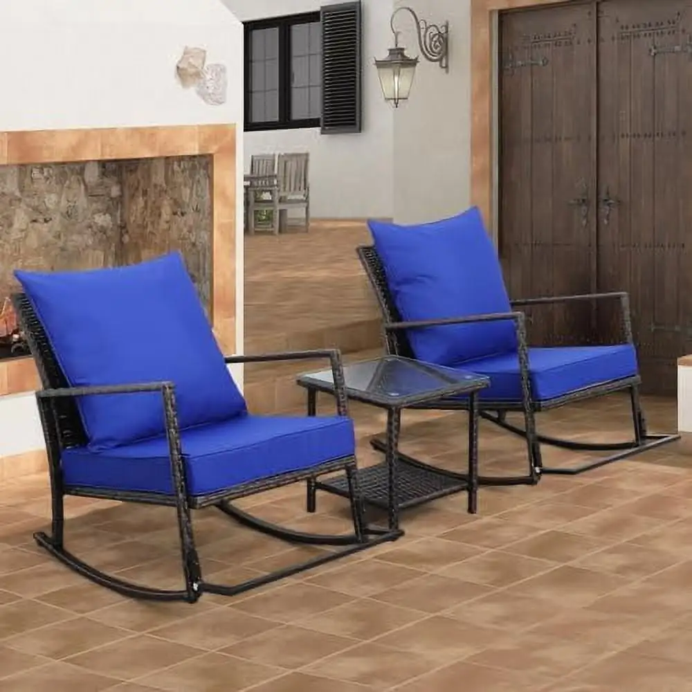 ZWNLKQG 3 Piece Patio Set Outdoor Outdoor Rocking Chairs Patio Conversation Sets 2 Patio Chairs Patio Table Wicker Patio with Non-Slip Cushions Blue