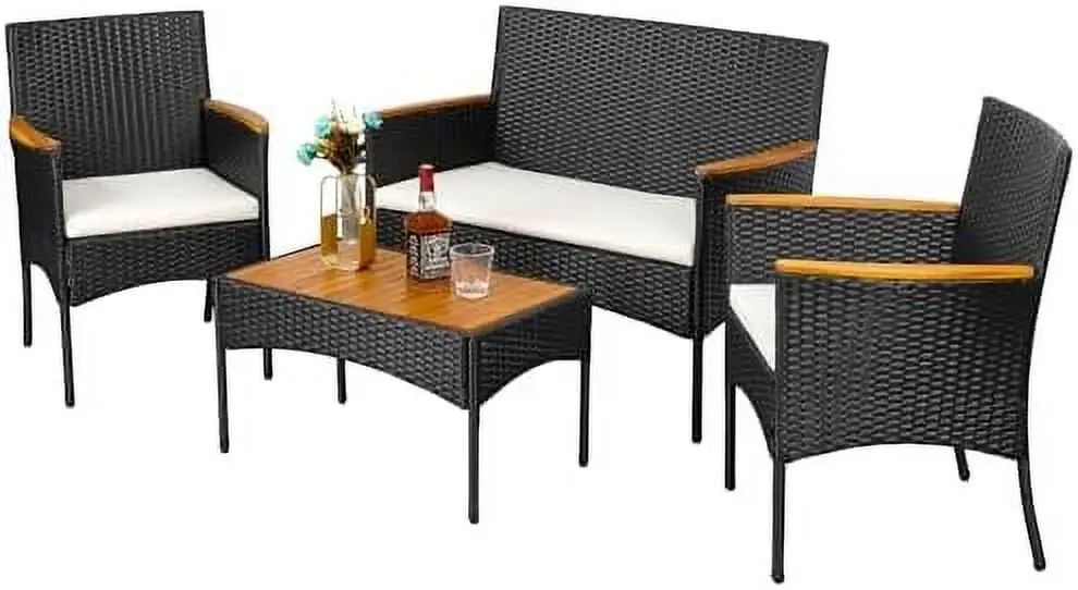 ZWNLKQG 4 Pieces Outdoor Patio Sets Conversation Sets Rattan Chair Wicker Set Coffee Table Outdoor Indoor Use Backyard Porch Garden Poolside Balcony (Grey Rattan/Sky Blue)