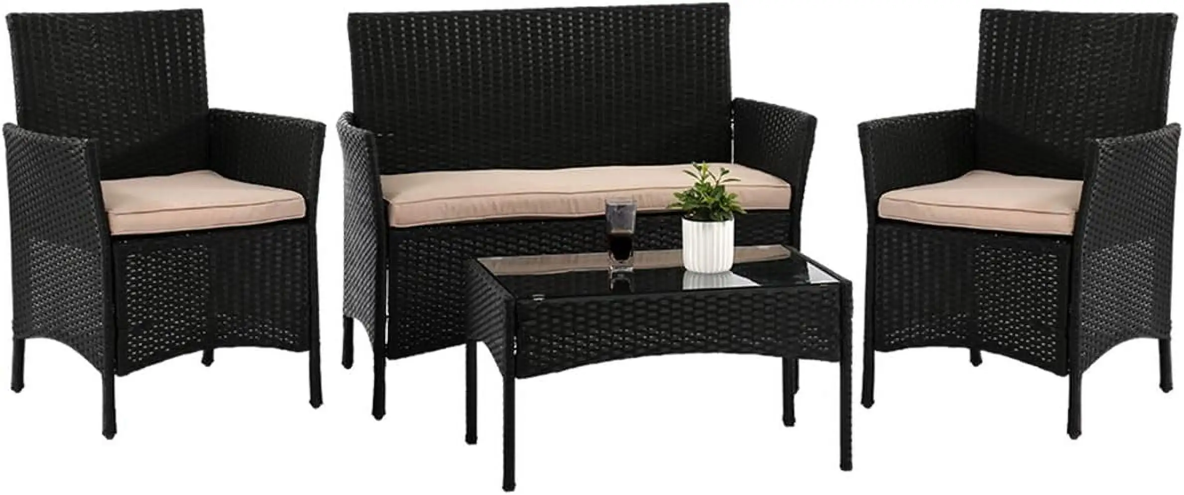 ZWNLKQG 4 Pieces Rattan Wicker Conversation Set Patio Set Outdoor Patio Sets Poolside Lawn Chairs Garden for Outdoor Balcony Poolside Porch Black