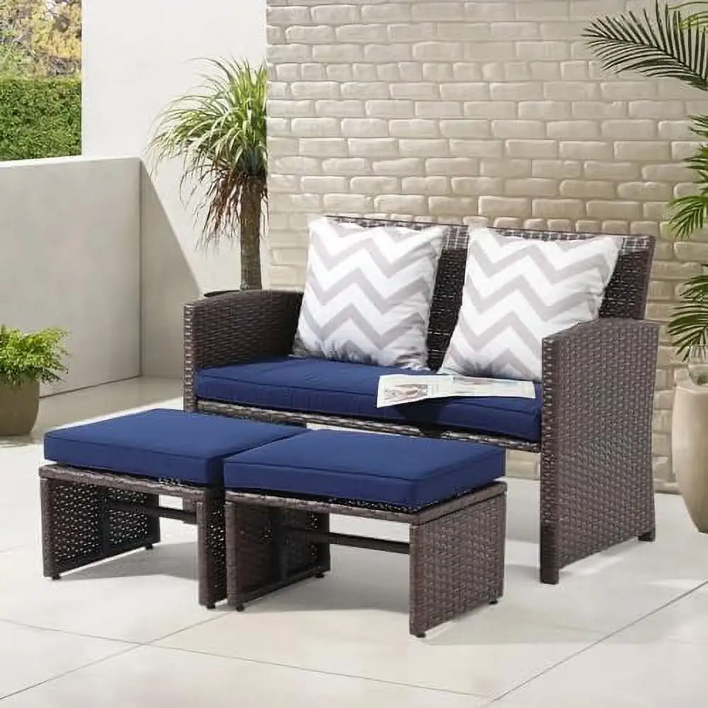 ZWNLKQG Outdoor Loveseat 3 Piece Patio Set Outdoor Conversation Set All-Weather Wicker Love Seat with Ottoman/ Brown Rattan Beige