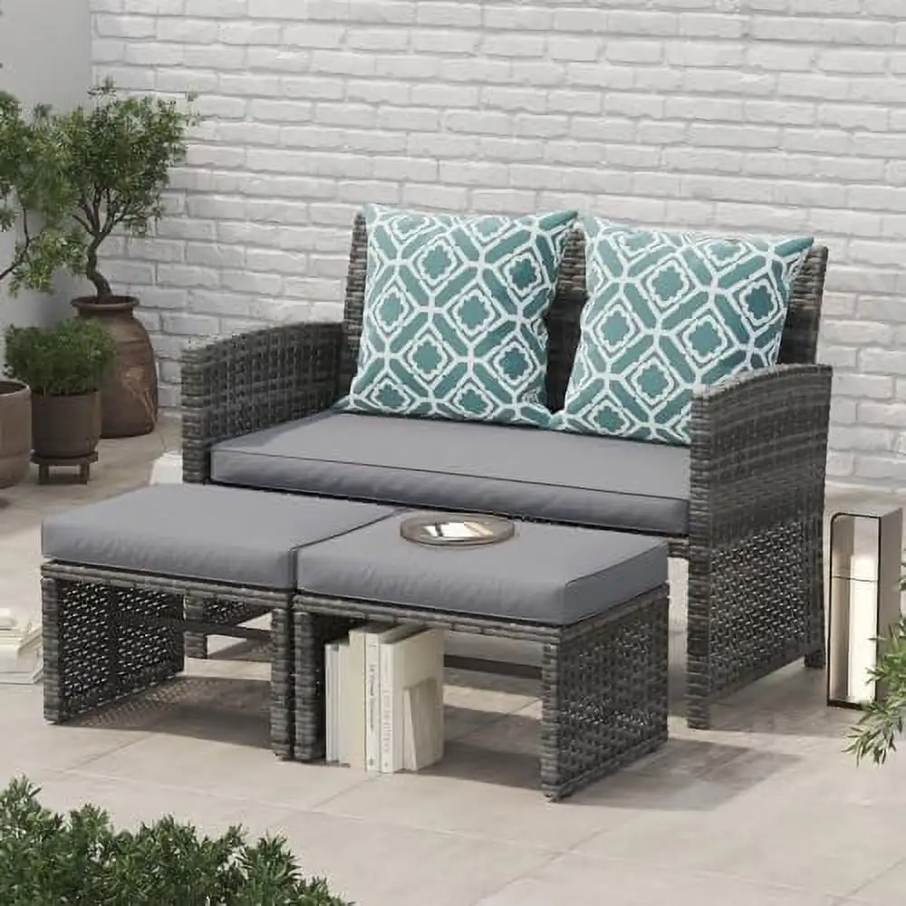 ZWNLKQG Outdoor Loveseat Patio Rattan Conversation Set with Ottoman Light Grey Cushions Grey Wicker Pillows Included