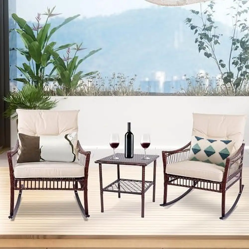 ZWNLKQG Outdoor Rocking Chairs 3 Pieces Patio Conversation Set Wicker Rocking Chairs with Coffee Table Front Porch for Garden and Balcony (Brown Rattan Beige Cushion)