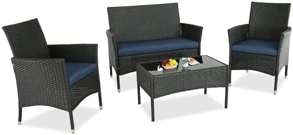 ZWNLKQG Patio Conversation Sets All Weather 4 Pieces Outdoor Sets Patio Sets Stain-Resistant Wicker for Patio Lawn and Garden (Exp-Blue Large)