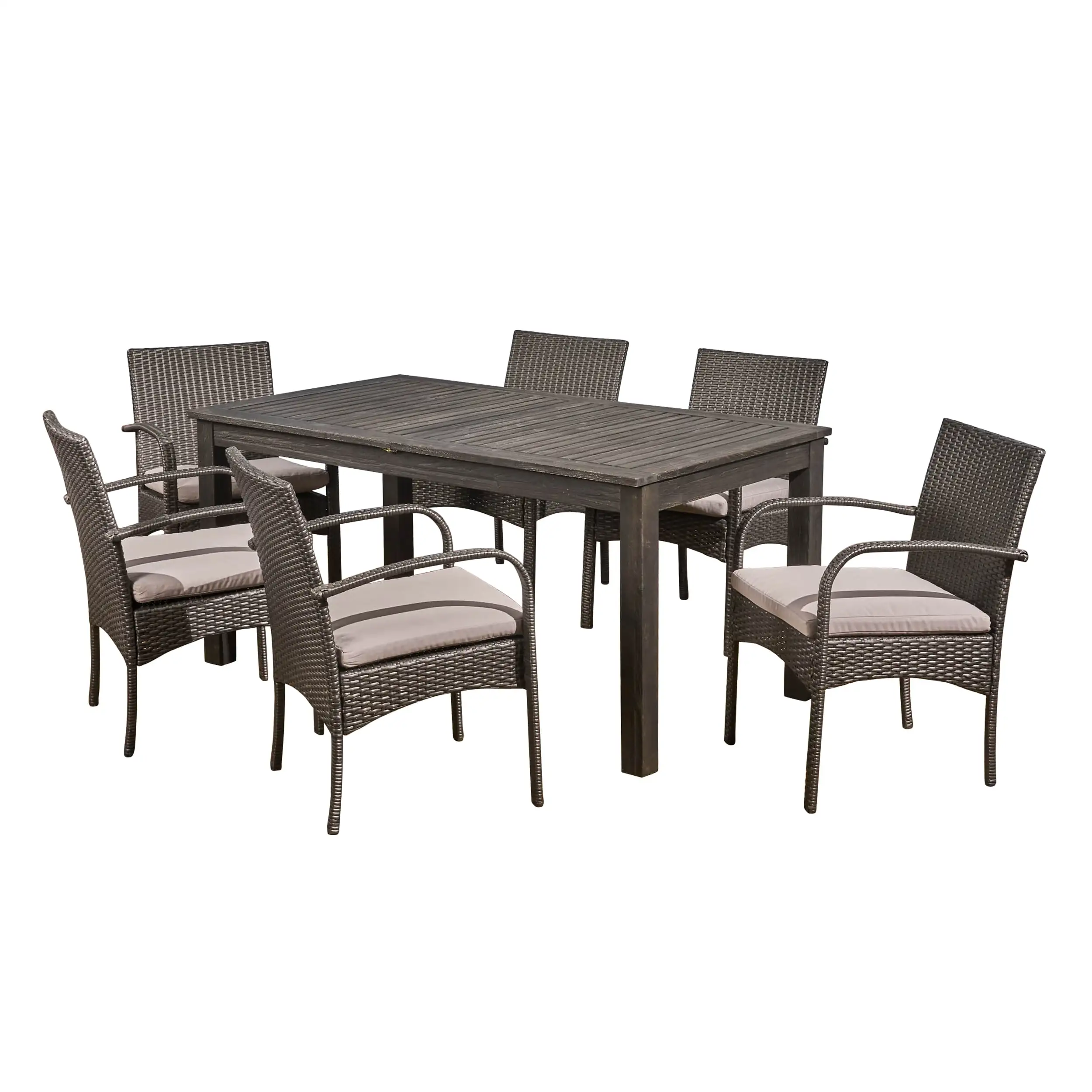 Zachary Outdoor 7 Piece Expandable Wood and Wicker Dining Set. Sandblast Dark Gray. Dark Gray. Gray