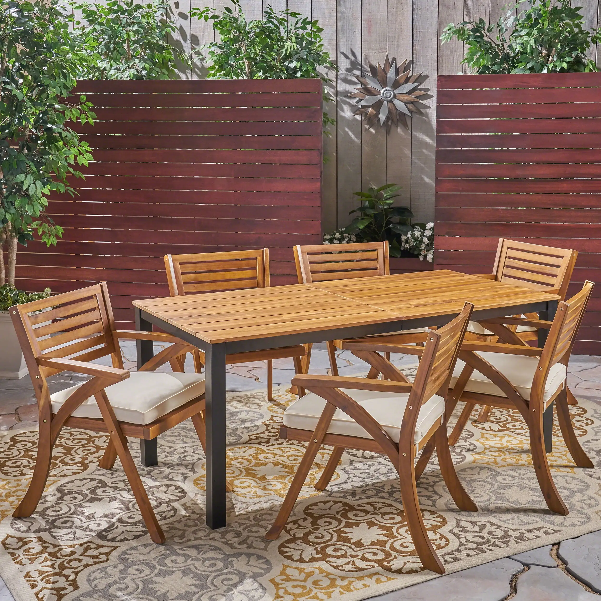 Zackary Outdoor 7 Piece Acacia Wood Dining Set with Cushions. Teak. Cream