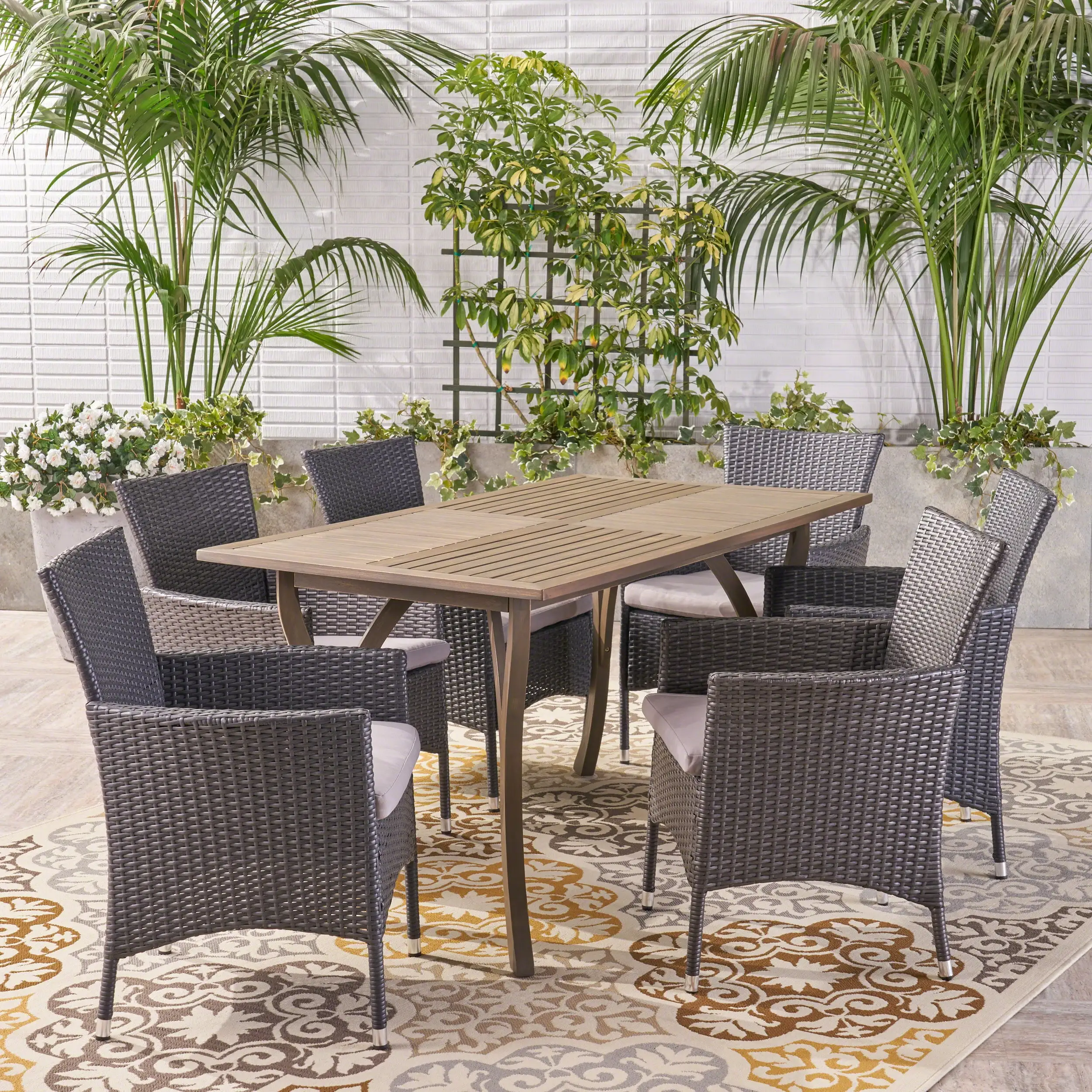 Zain Outdoor 7 Piece Wood and Wicker Dining Set with Cushions. Gray. Gray