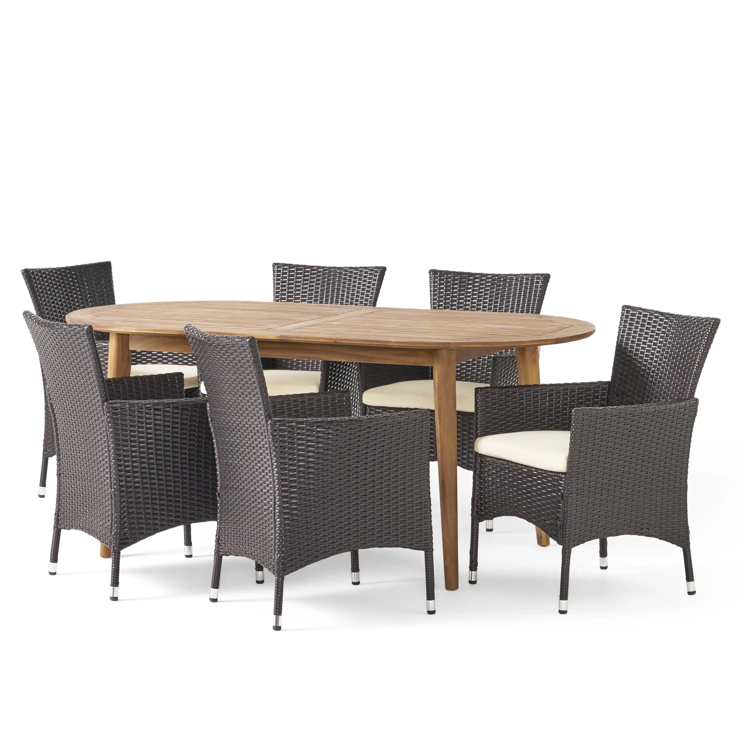 Zavier Outdoor 7-Piece Acacia Wood Dining Set with Wicker Chairs. Teak Finish