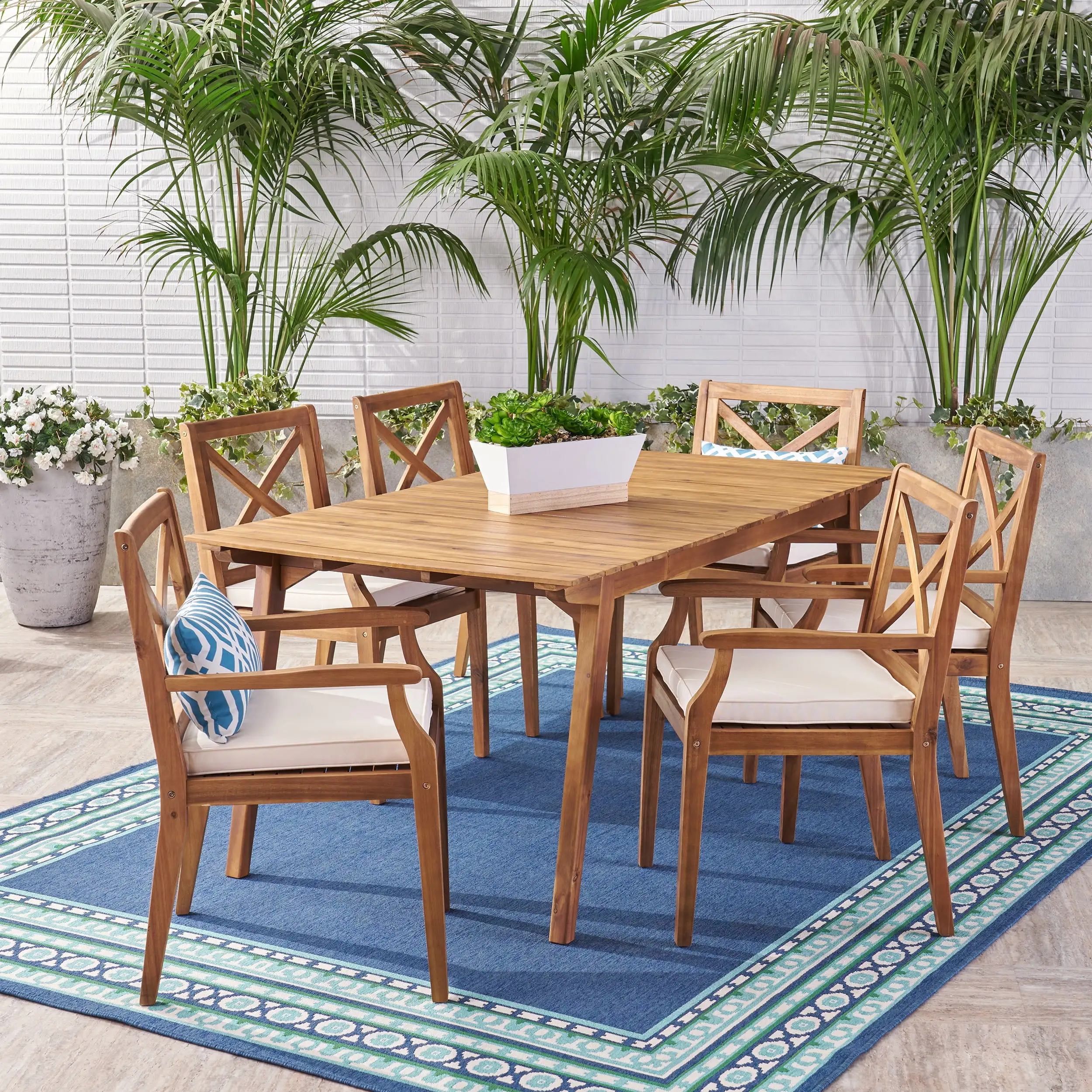 Zeke Outdoor 7 Piece Acacia Wood Dining Set. Teak. Cream