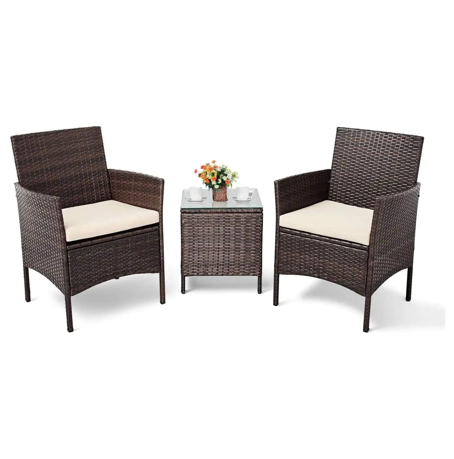 ZiaZbYinY 3-Piece Patio Bistro Set Outdoor Conversation Set. Brown Wicker Porch Chairs Set Garden Furniture with Coffee Table (Beige Cushion)