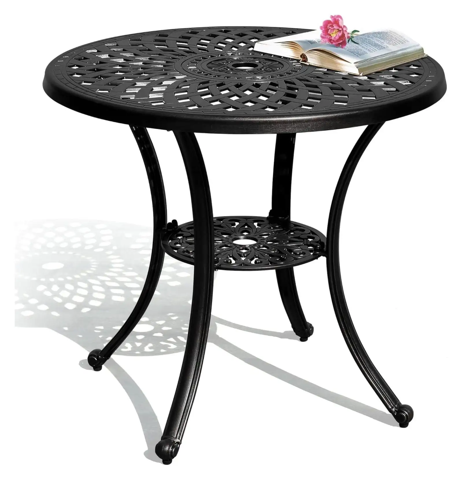 ZiaZbYinY 30 Inches Round Patio Dining Table with Umbrella Hole. Antique Cast Aluminum Outdoor Bistro Table Outdoor Side Table for Backyard. Garden. Patio. Porch. Black