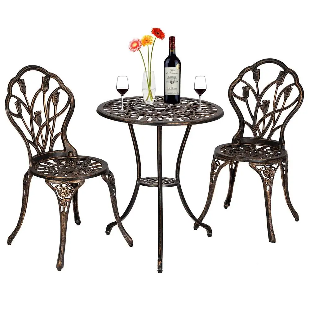 Zimtown 3-Piece Patio Outdoor Patio Furniture Tulip Design Setting Cast Bistro Set - Iron - Bronze