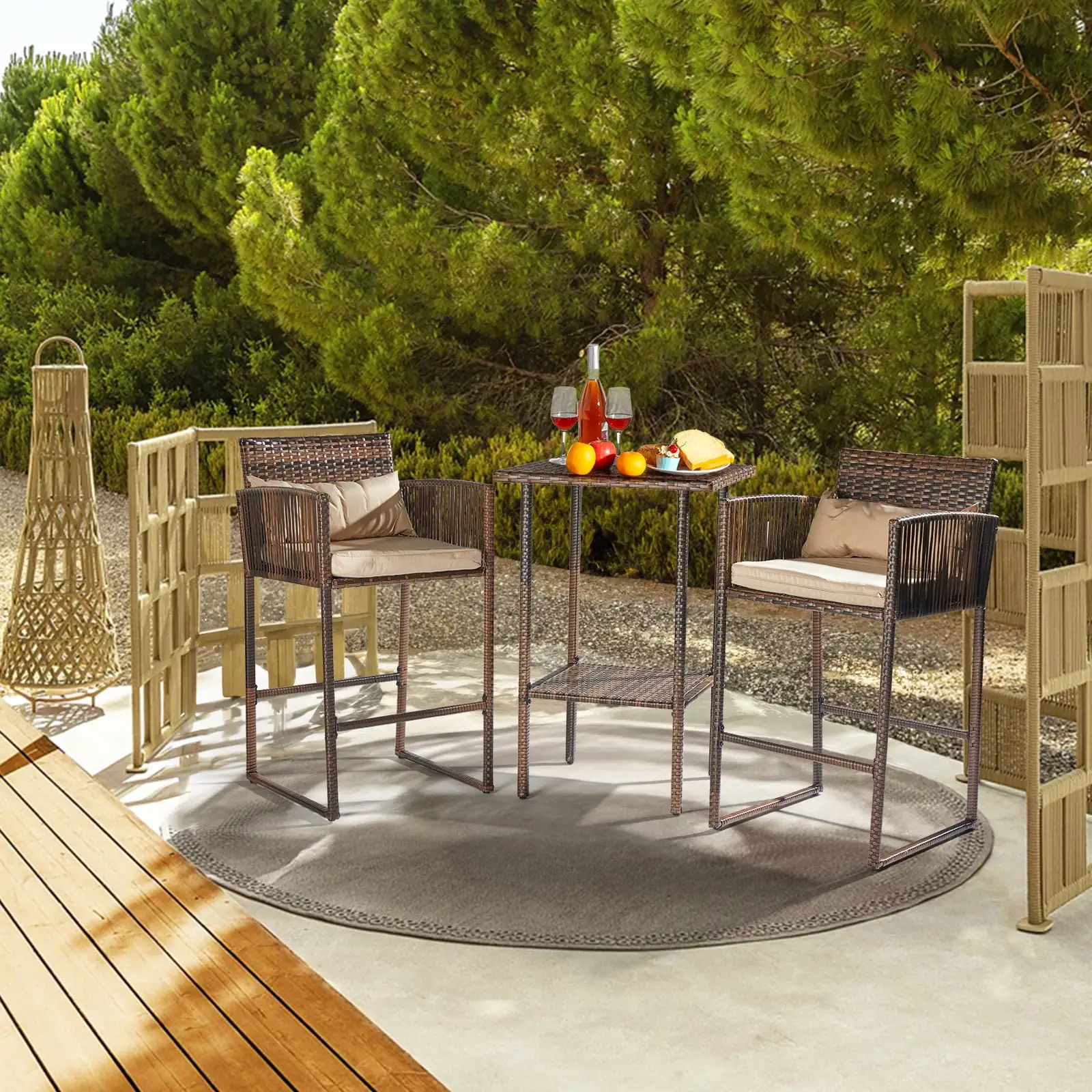 Zimtown 3 Pieces Wicker Bistro Set. All Weather Patio Bar Set. Patio Conversation Set with 2 Bar Stools with Cushion and a Bar Coffee Table