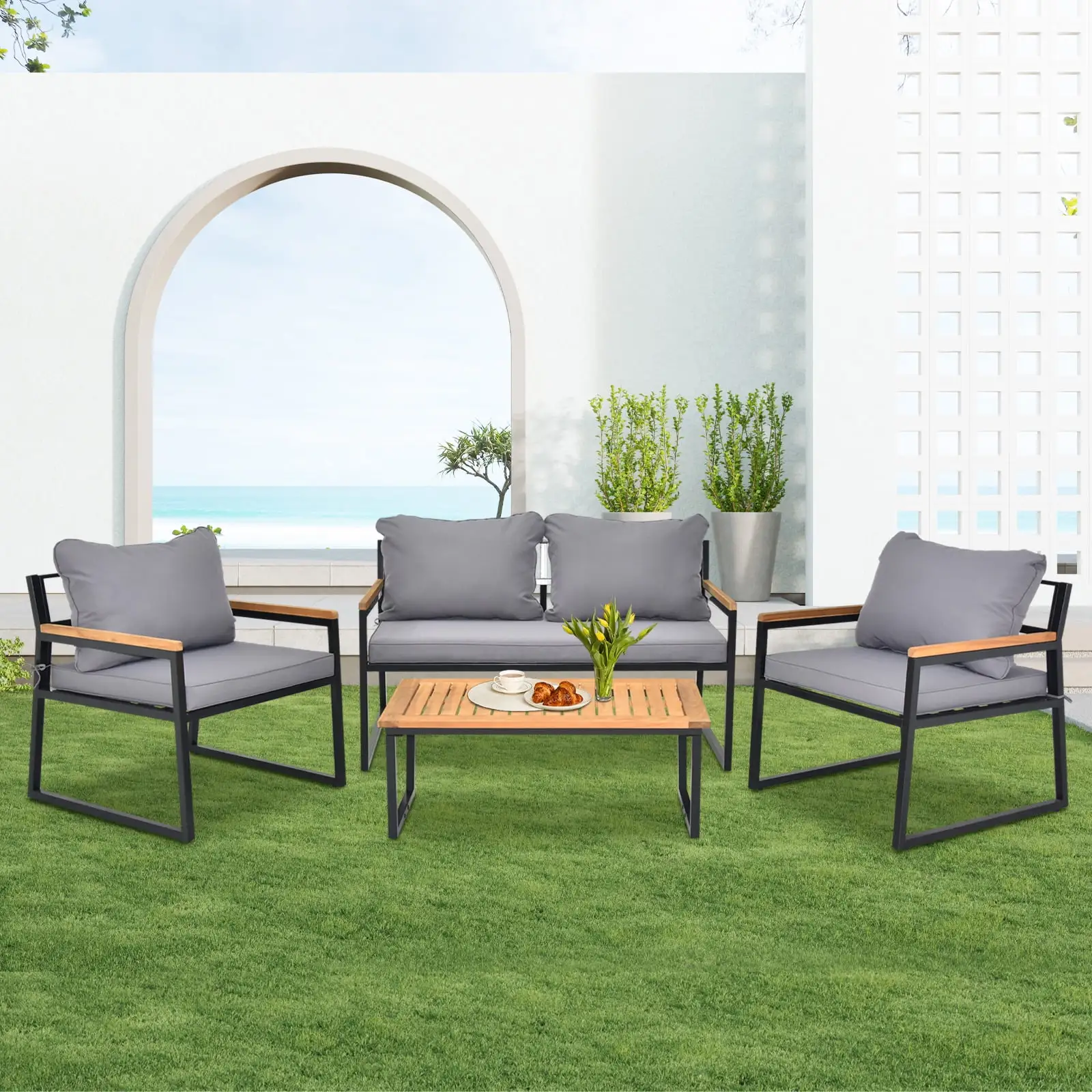 Zimtown 4 Piece Outdoor Patio Furniture Set w/ Coffee Table. Outdoor Conversation Set for 4 Person w/ Cushion. Heavy Duty Steel Frame for All Weather. Gray