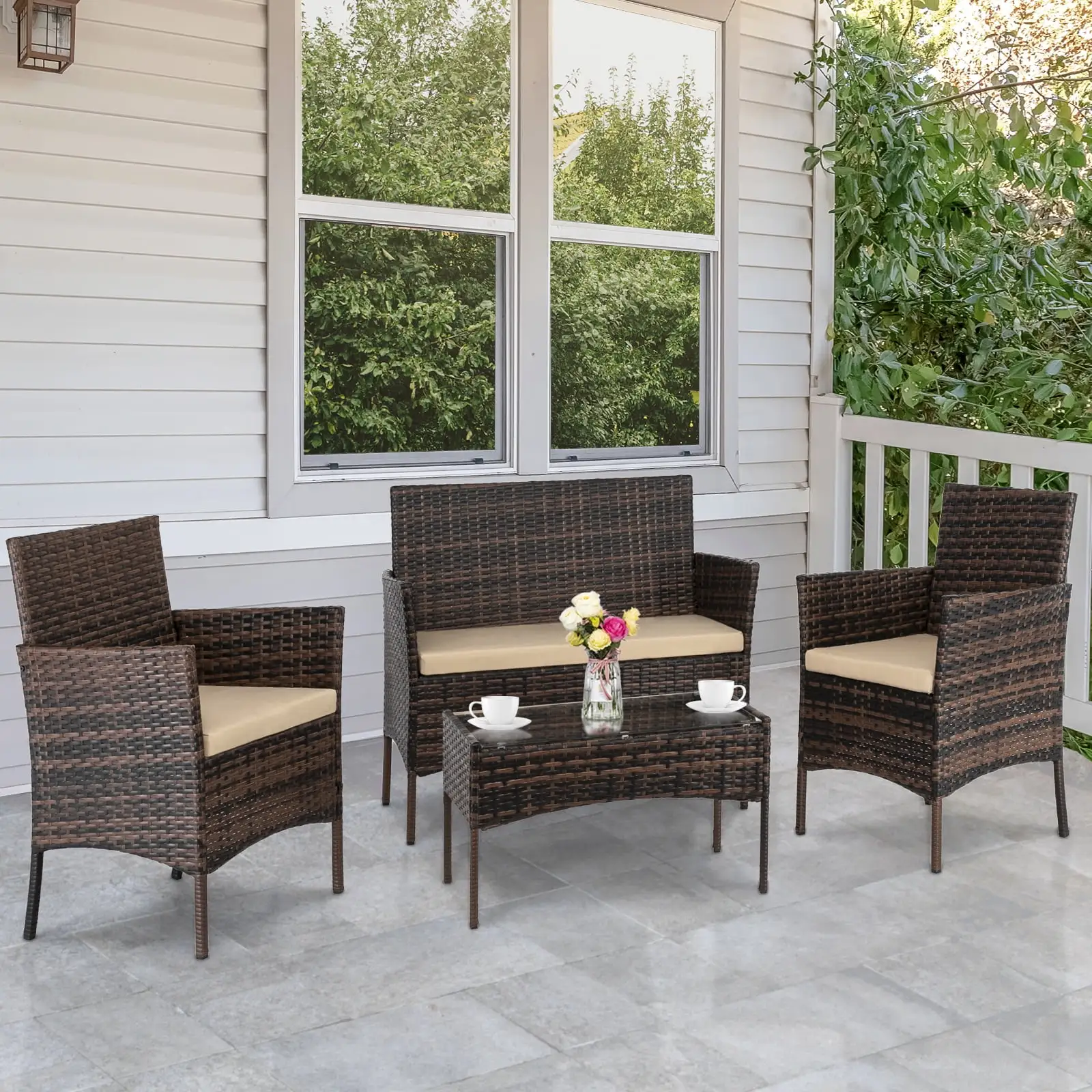 Zimtown 4-Piece Outdoor Wicker Conversation Set. Rattan Sofa Furniture for Garden Patio. Rattan Furniture for Outdoor and Indoor. Brown