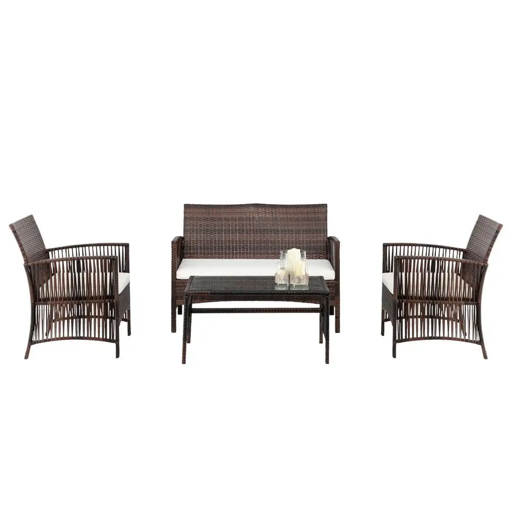 Zimtown 4 Pieces Rattan Conversation Set Cushioned Outdoor Sofa Set. Brown