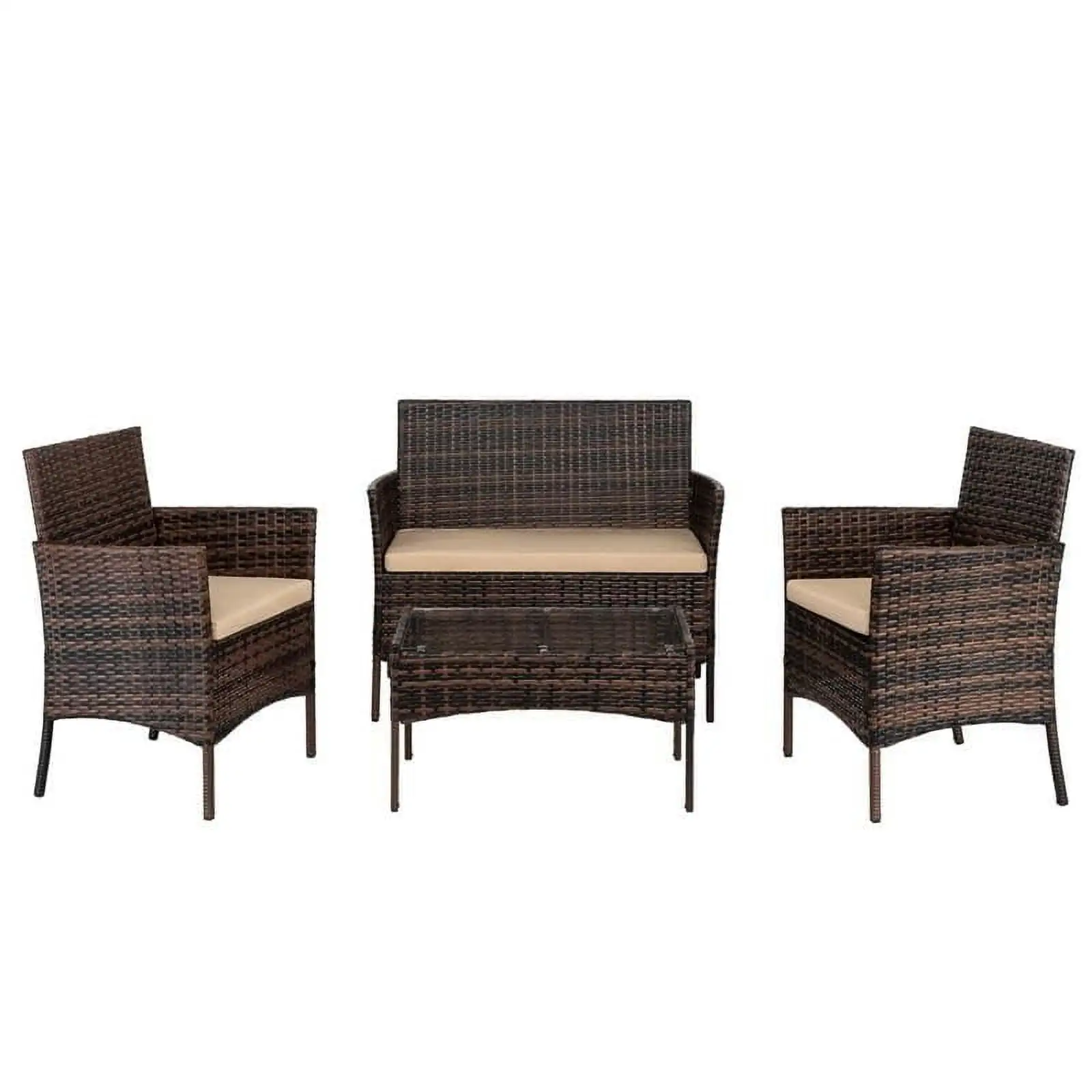 Zimtown Outdoor 4-Piece Brown Wicker Rattan Conversation Set with Khaki Cushion