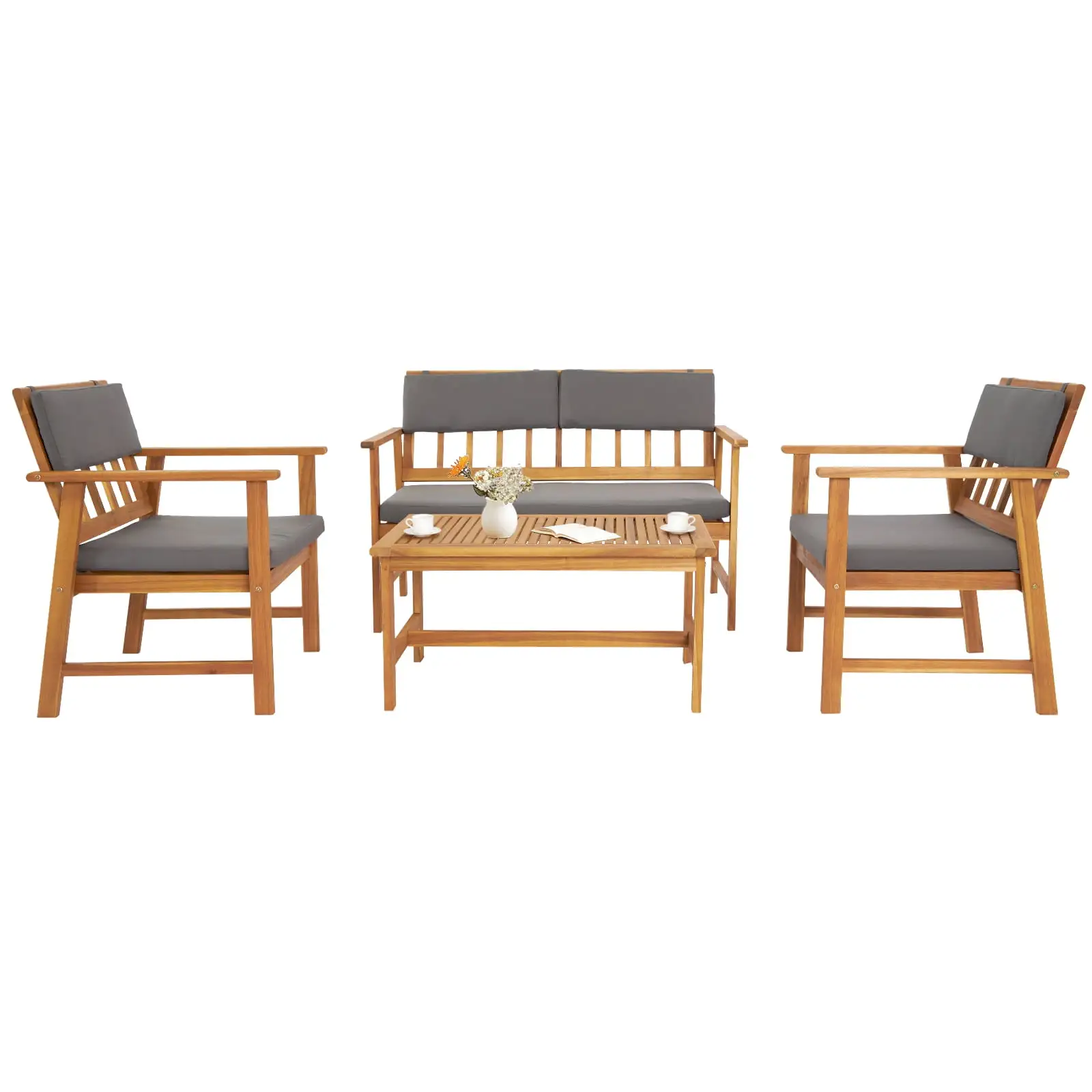 Zimtown Wooden Conversation Set w/ Cushion for Outdoor. Poolside. Garden. Wood Furniture Set with Loveseat and Coffee Table