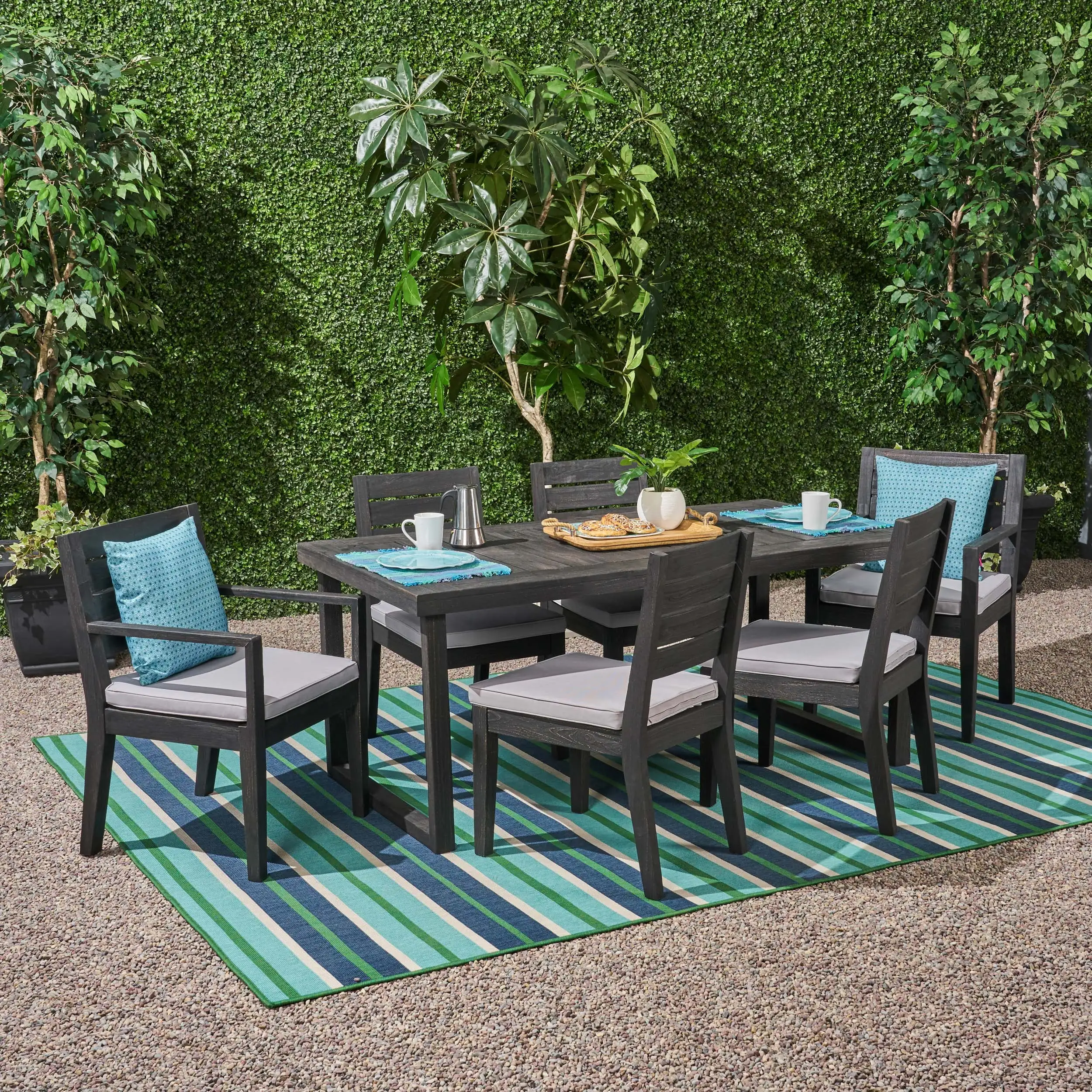 Zoe Outdoor 7 Piece Acacia Wood Dining Set with Cushions. Sandblast Dark Grey. Light Gray