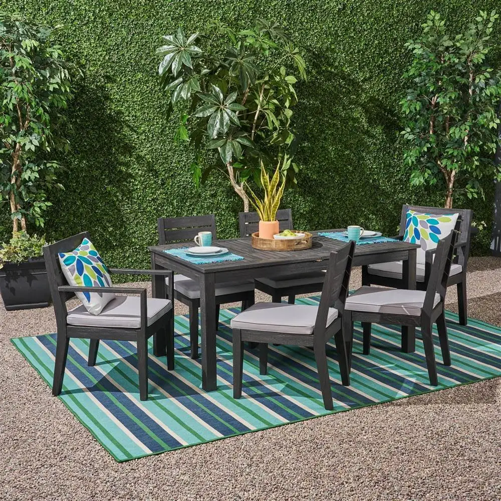 Zoe Outdoor 7 Piece Acacia Wood Expandable Dining Set with Cushions. Sandblast Dark Gray. Light Gray