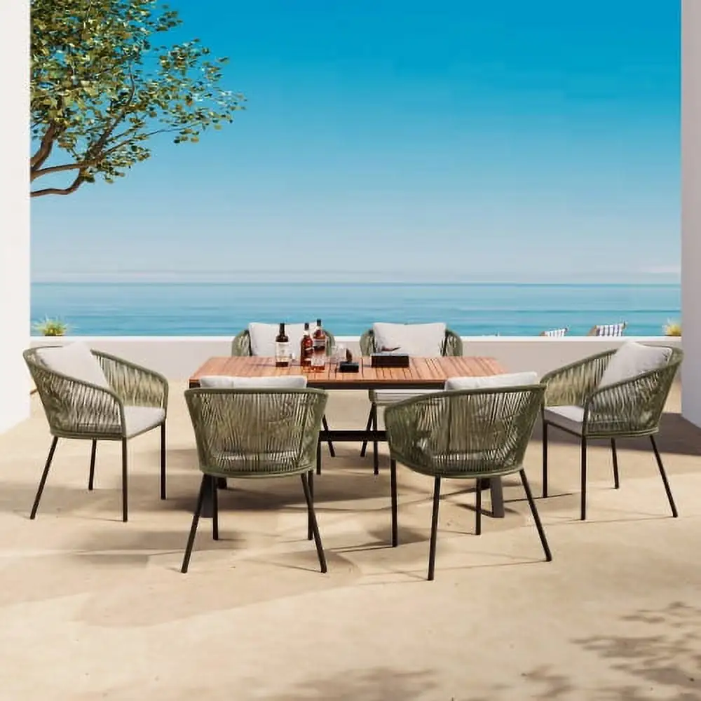 Zoeye 7 Piece All Weather Outdoor Acacia Furniture Dining Table and Chairs Set Tabletop for Garden. Backyard. Balcony. Green