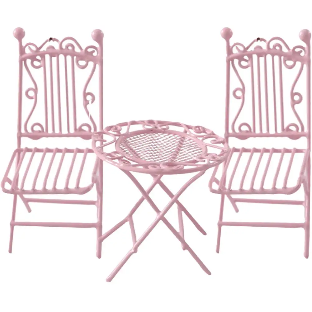 Zonh Miniature Bistro Table & Chairs. Metal 1:12 Scale Coffee/Tea Furniture (Pink)