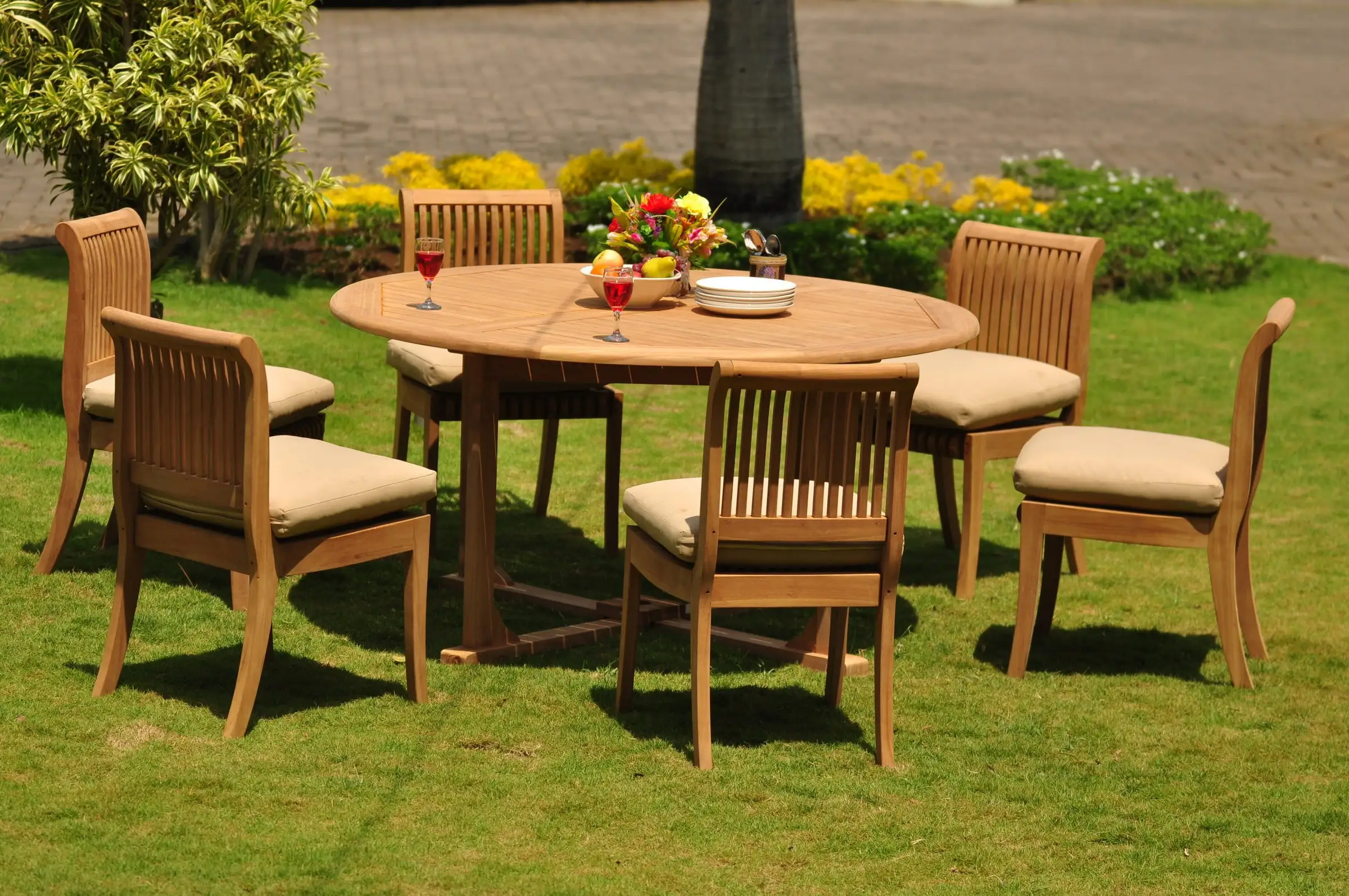 Teak Dining Set: 6 Seater 7 Pc: 60 Round Table And 6 Giva Armless Chairs Outdoor Patio Grade-A Teak Wood WholesaleTeak #WMDSGV25