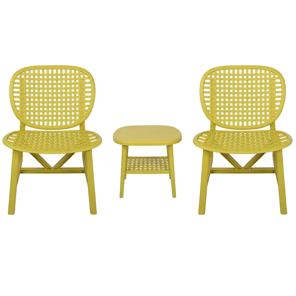 3Pcs Patio Table Chair Set. Bistro Set Hollow Conversation Coffee Table Set with 1 End Table & 2 Lounge Chairs. All Weather Outdoor Patio Chair with Widened Seat for Balcony Garden Yard. Yellow