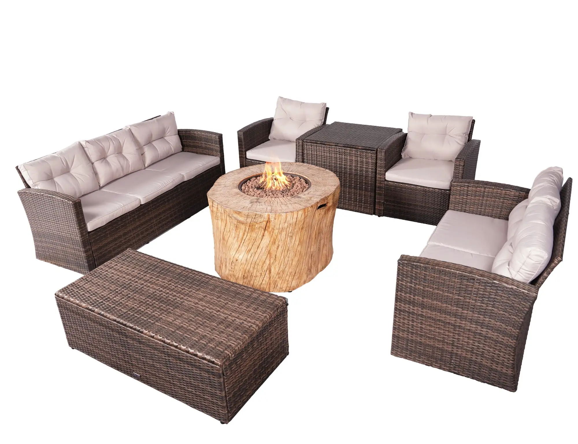 7-Piece Patio Brown Rattan Conversation Sofa Set with Round Fire Pit Table