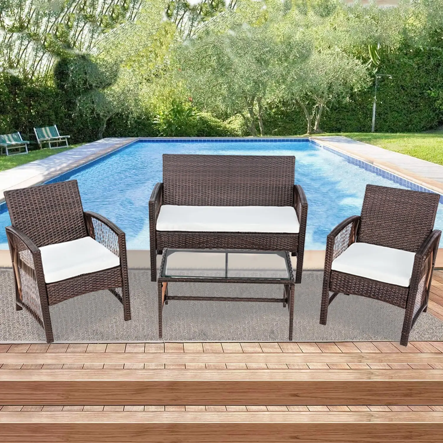 Wicker Rattan Conversation Sofa Set. 4 Piece Outdoor Patio Furniture Sets. 2 Arm Chairs. 1 Love Seat & Coffee Table. Wicker Bistro Patio Set for Backyards. Porches. Gardens or Poolside. Brown. W7757