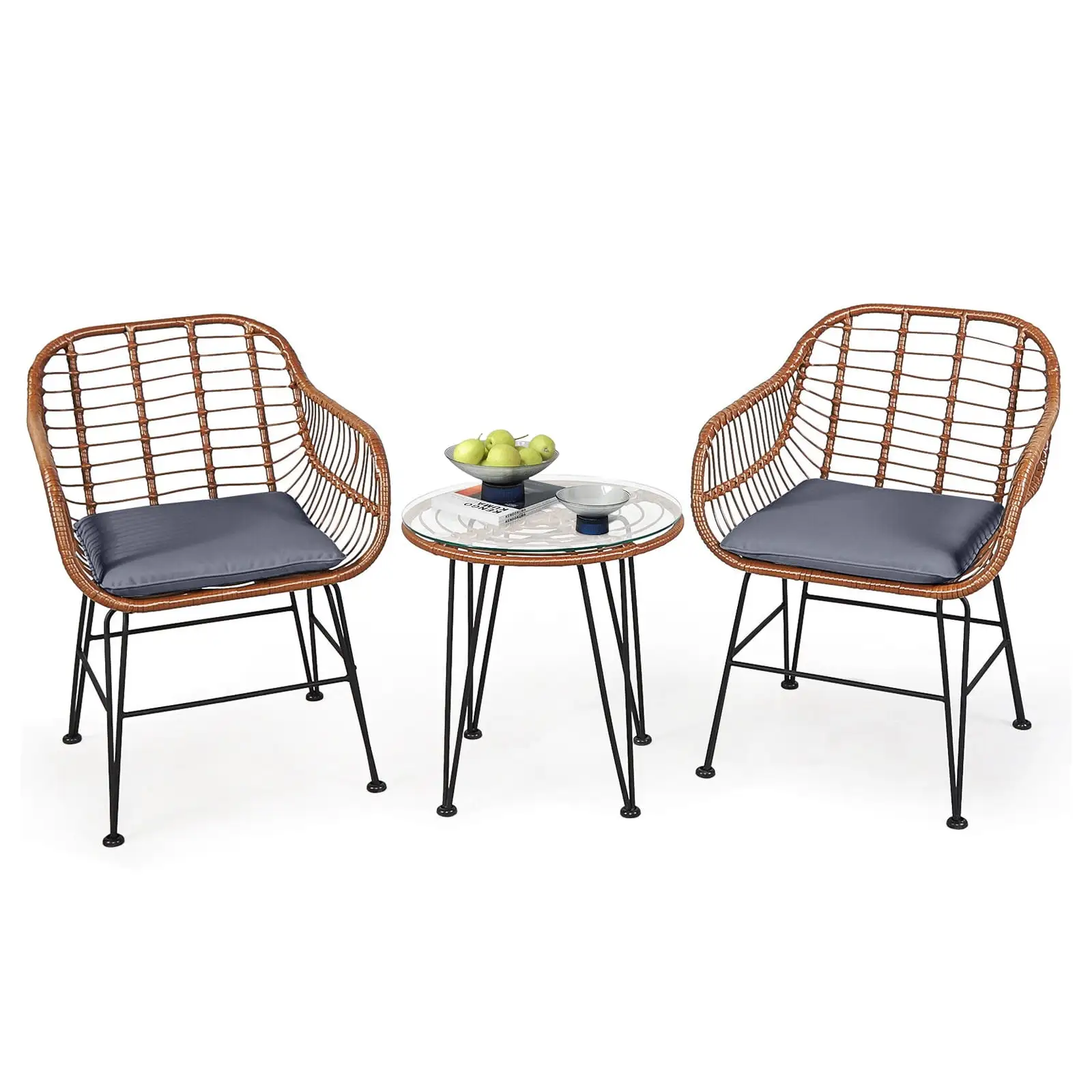 Vicamelia 3PCS Patio Rattan Bistro Set. Coffee Table with Armchair for Garden Patio Poolside. Gray Cushion