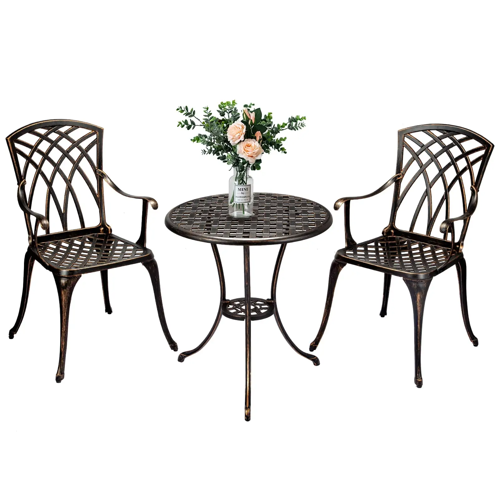 Cast Aluminum Patio Bistro Set with Umbrella Hole. 3 Piece Outdoor Bistro Set Rust-Resistant. Patio Table and Chairs. Outdoor/Indoor Use. for Garden.Backyard. Patio Balcony. Bronze