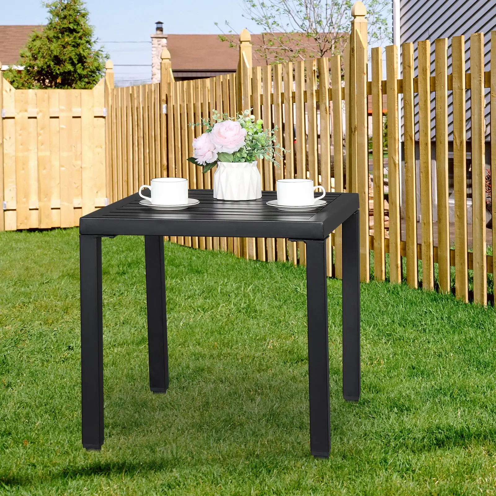 Metal Patio Table. BTMWAY Outdoor Dining Table Square Iron Bar Table. All-weather Outside Conversation Coffee Table with Metal Frame. Black Bistro Side Table for Garden Pool Lawn Balcony