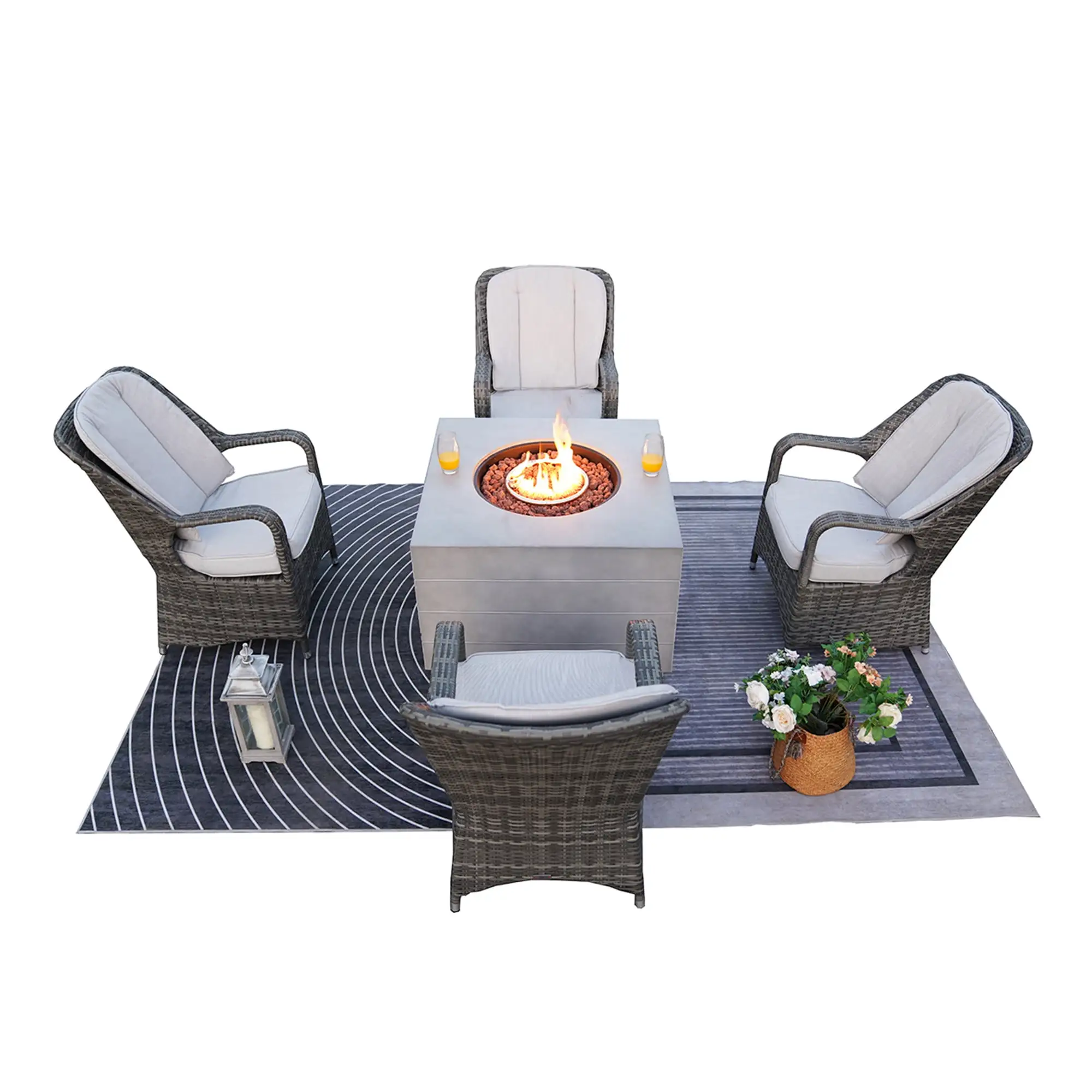 5-Piece Outdoor Patio Dinning Set with Gas Fire Pit Table & 4 Rattan Cushioned Chairs. Gray