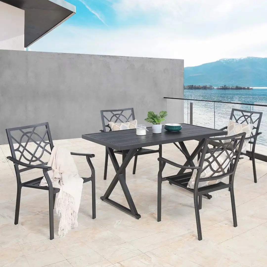 Ulax Furniture Outdoor 5 Pieces Patio Dining Set with 4 Steel Stackable Dining Chairs. Rectangular Woodiness Grains Dining Table with 1.57 Umbrella Hole