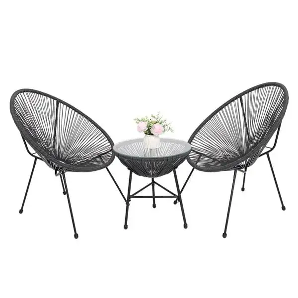 PEACNNG 3-Piece All-Weather Patio Acapulco Bistro Furniture Set with 2 Chairs & Glass Top Table Gray