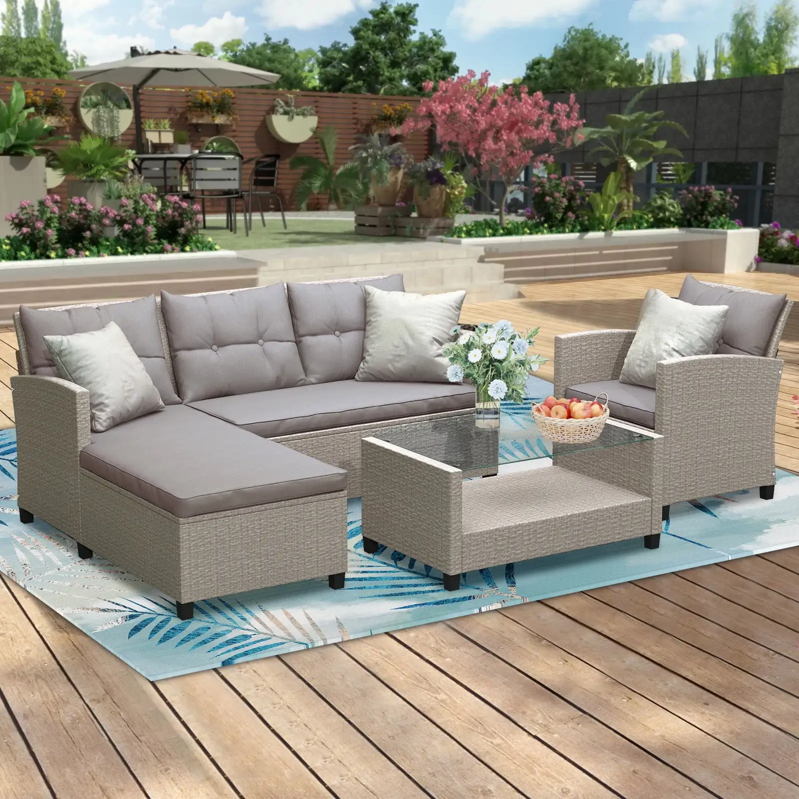 4 Piece Outdoor Patio Furniture Set. All-Weather Wicker Sectional Sofa Set with Seat Cushions. Glass Table. Loveseat Sofa. Arm Chair and Chaise Lounge. Rattan Conversation Set for Garden Poolside Deck