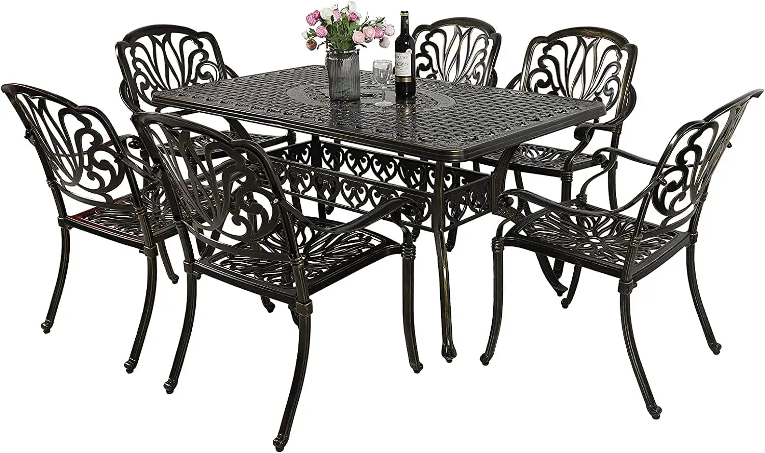 VIVIJASON 7-Piece Patio Furniture Dining Set. All-Weather Cast Aluminum Outdoor Conversation Set. Include 6 Chairs and a Rectangle Table with Umbrella Hole for Balcony Lawn Garden Backyard