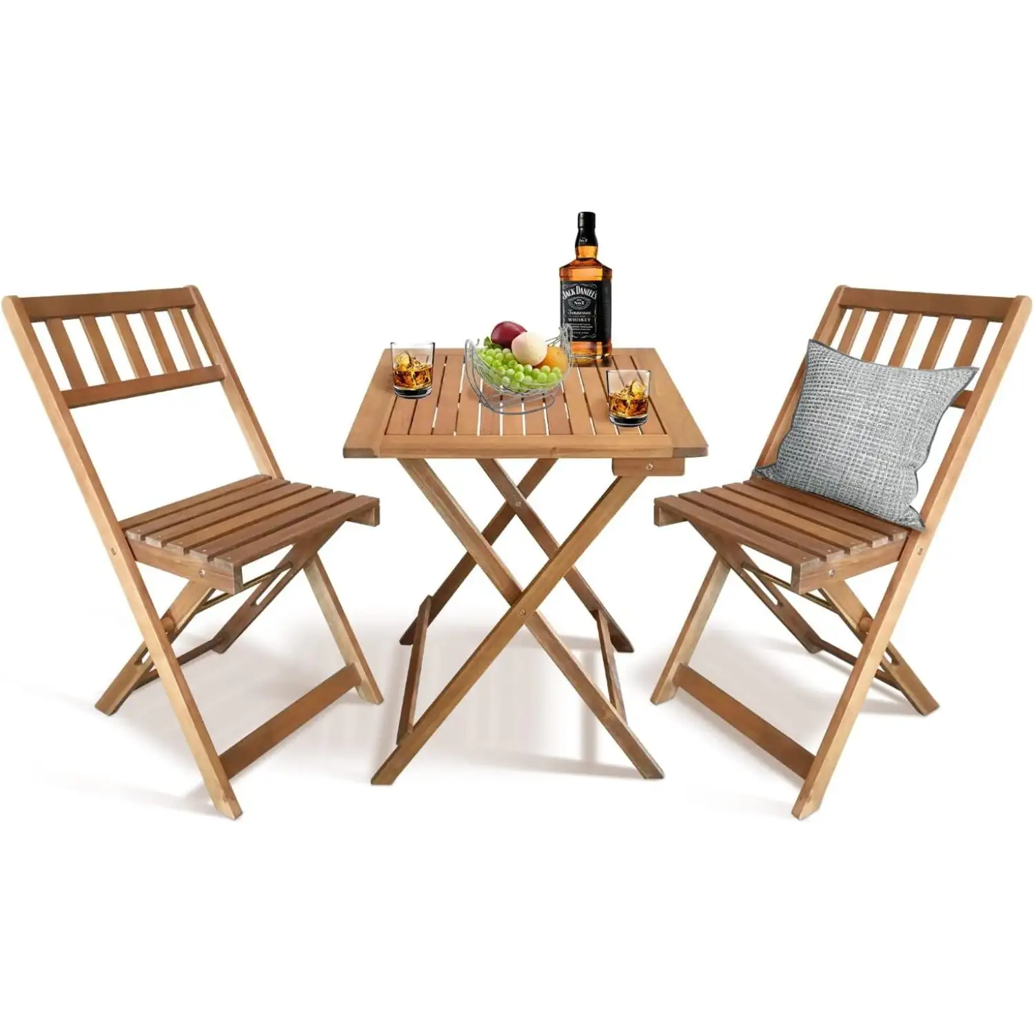 3 Piece Bistro Set Folsing Patio Set Acacia Wood Outdoor Furniture for Backyard. Balcony. Indoor Small Dining Set W/2 Chairs and Square Table. Natural Oiled