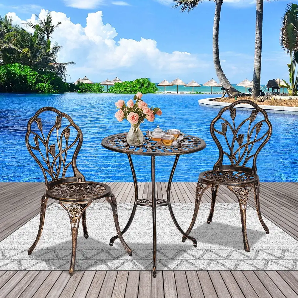 Bistro Table Set. 3-Piece Patio Furniture Sets. Outdoor Cast Aluminum Patio Bistro Set with Rust-Resistant Small Round Table and 2 Chairs. Conversation Sets for Porch. Garden. Backyard. Bronze. J370