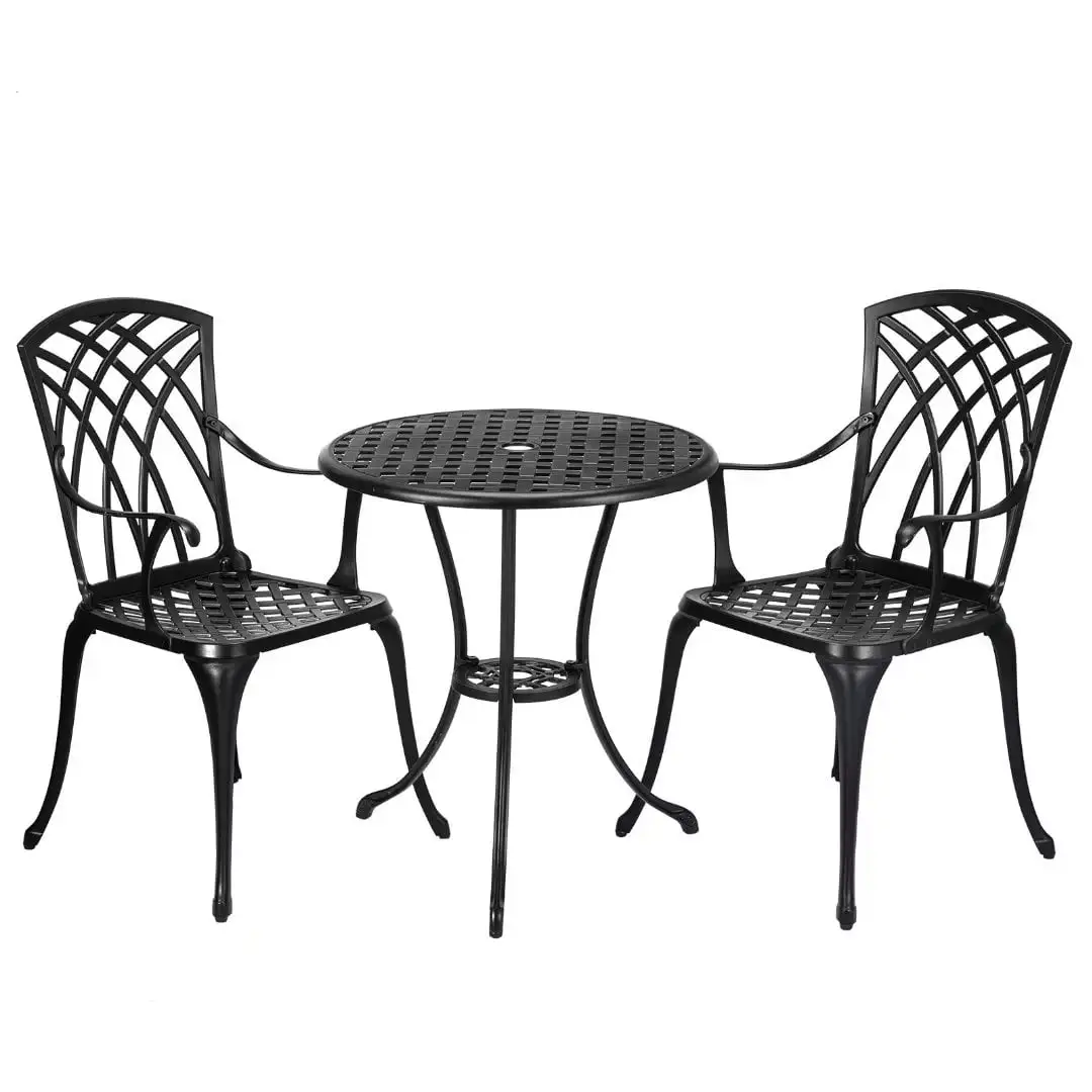 3 Pieces Patio Bistro Set. Cast Aluminum with Umbrella Hole Outdoor Table Set. Black