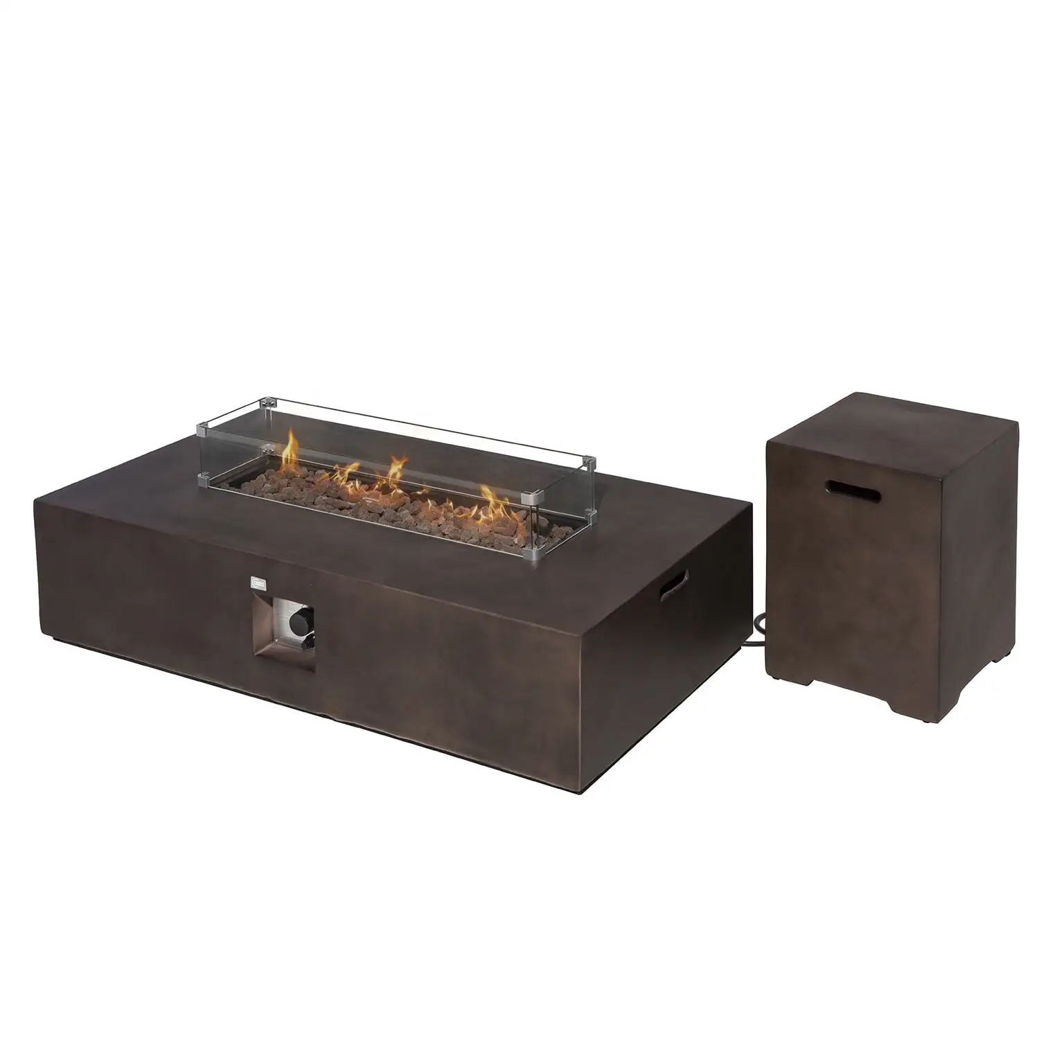 COSIEST 2-Piece Outdoor Propane Rectangle Concrete Bronze Fire Pit Table Set