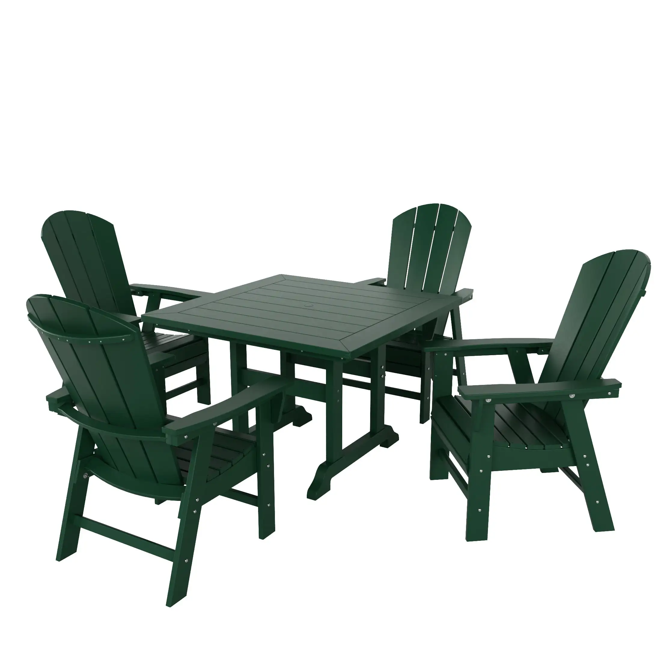 WestinTrends Malibu 5 Piece Adirondack Outdoor Dining Set. All Weather Poly Lumber Patio Table and Chairs Furniture Set. 43 Trestle Square Dining Table and 4 Adirondack Dining Chair. Dark Green