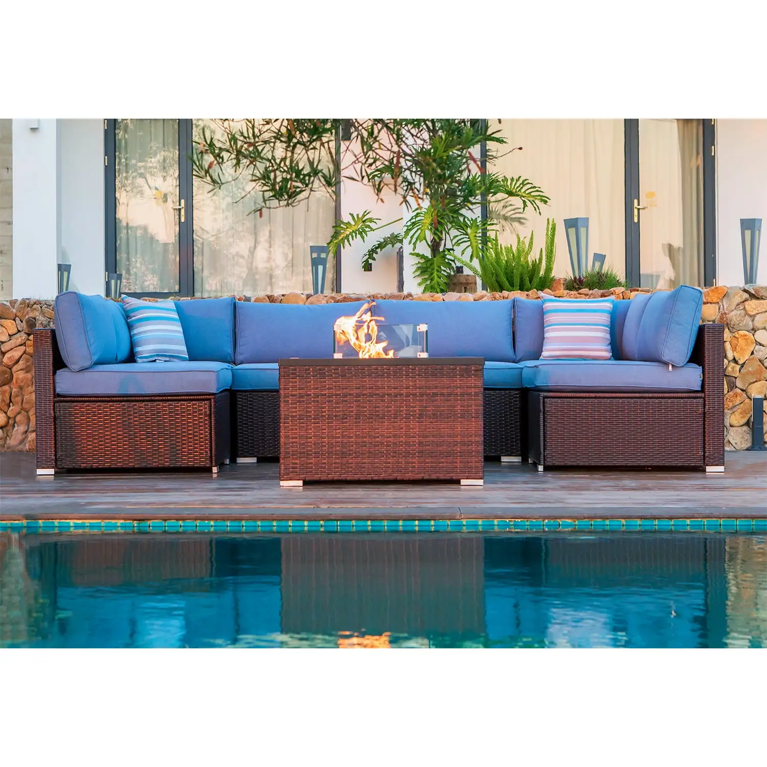 COSIEST 7 Piece Propane Fire Pit Outdoor Wicker Patio Sectional Sofa Brown