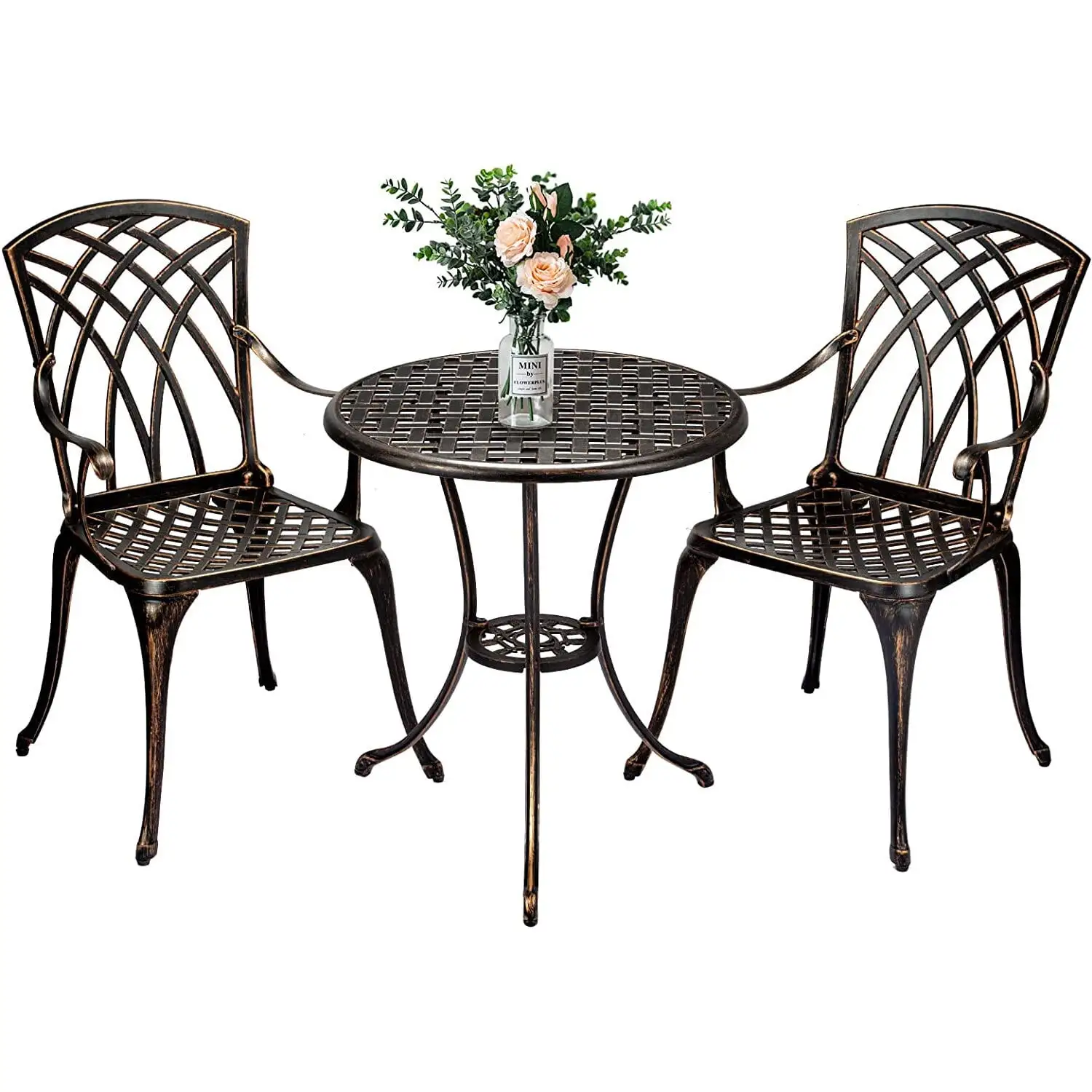 Yartaka 3-Piece Floral Outdoor Patio Bistro Set. Cast Aluminum Outdoor Furniture. Small Patio Sets. Balcony Furniture Sets. Small Outdoor Table and Chairs. Patio Chair Set. Bronze