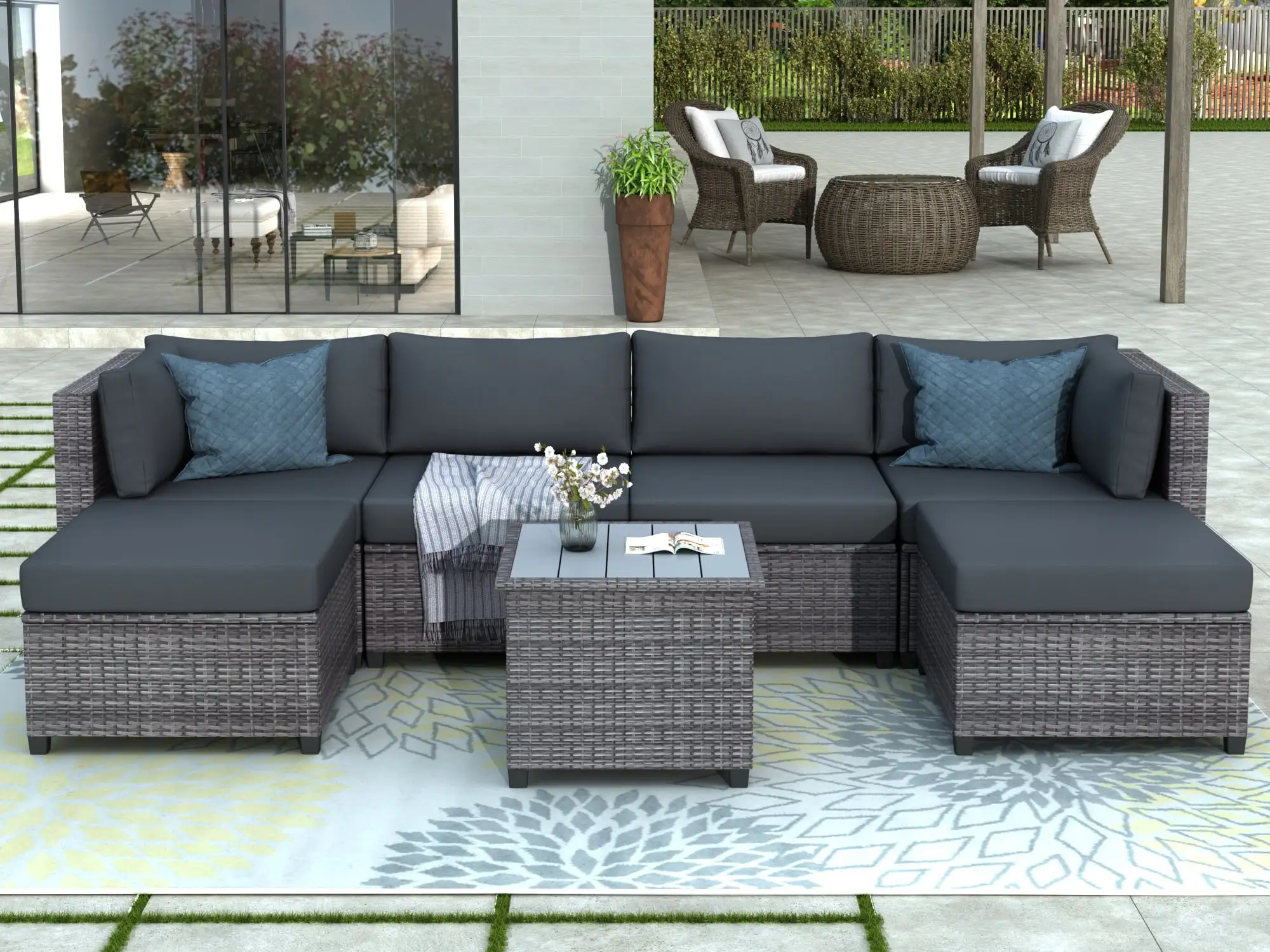 7 Piece Outdoor Patio Furniture Set . All Weather PE Rattan Conversation Set. Rectangular Seating with Cushions. Gray