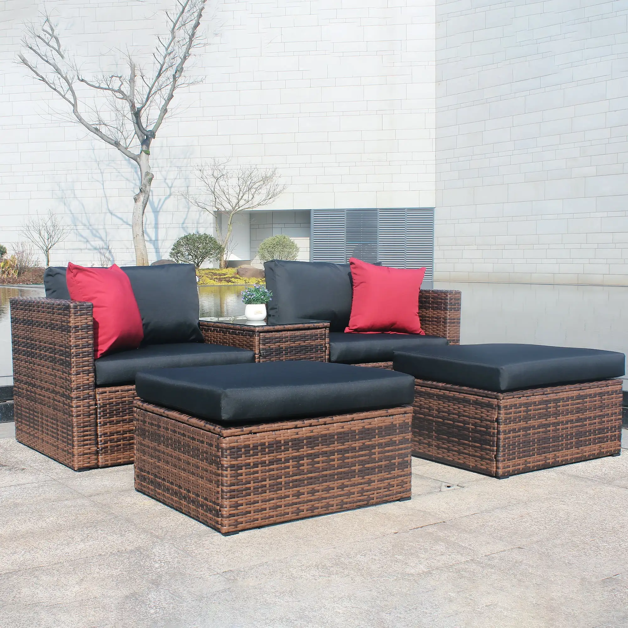 5 Pieces Outdoor Patio Garden Patio Furniture Set . Brown PE Wicker Sectional Conversation Sofa Set with Black Cushions. Red Pillows. and Furniture Protection Cover